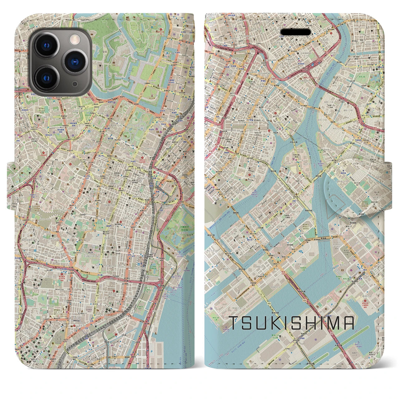 【月島(東京都)】地図柄iPhoneケース(手帳タイプ)ナチュラル・iPhone 11 Pro Max 用