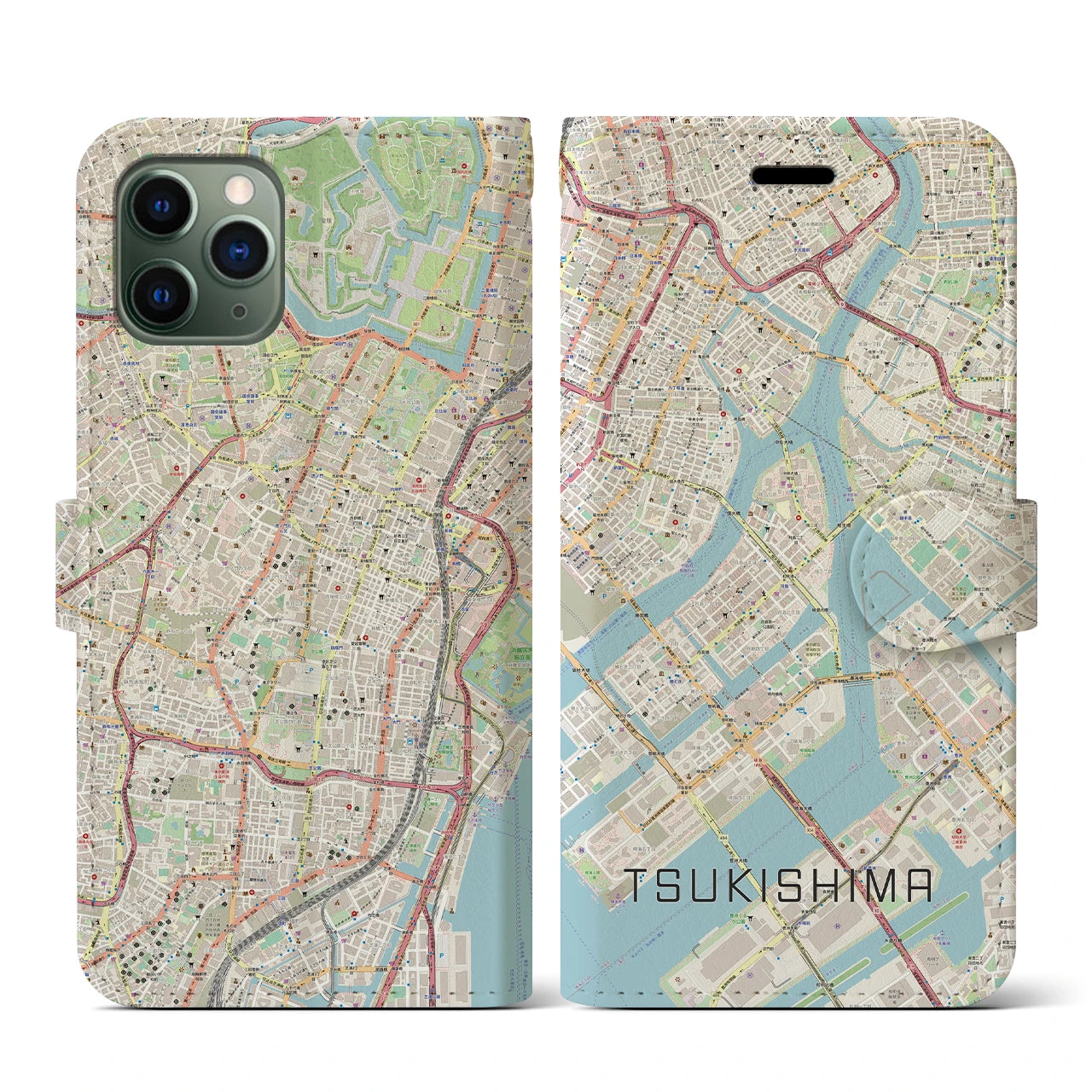 【月島(東京都)】地図柄iPhoneケース(手帳タイプ)ナチュラル・iPhone 11 Pro 用