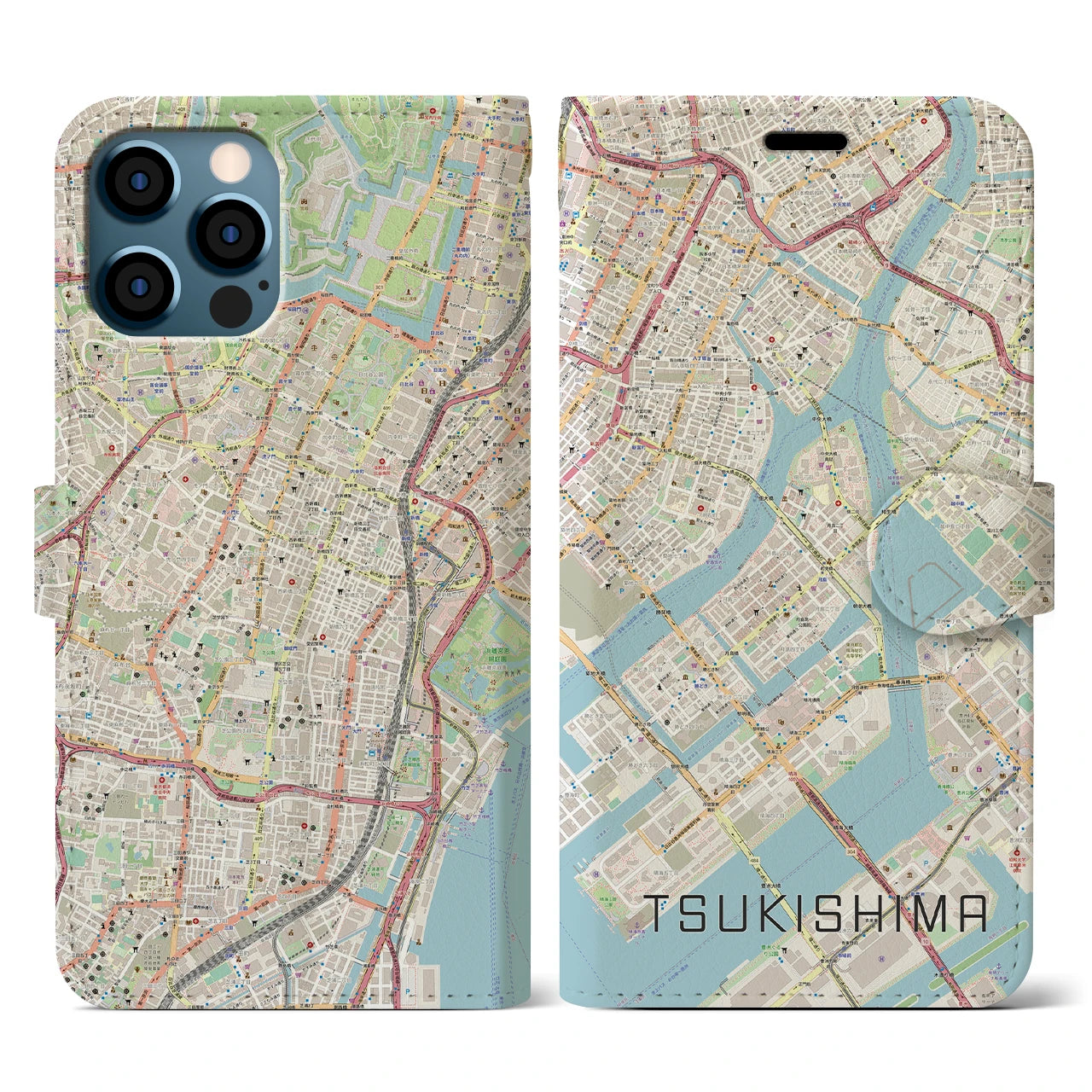 【月島(東京都)】地図柄iPhoneケース(手帳タイプ)ナチュラル・iPhone 12 / 12 Pro 用