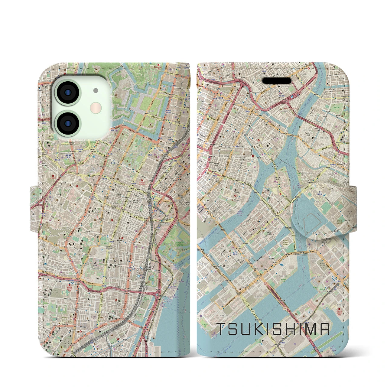 【月島(東京都)】地図柄iPhoneケース(手帳タイプ)ナチュラル・iPhone 12 mini 用