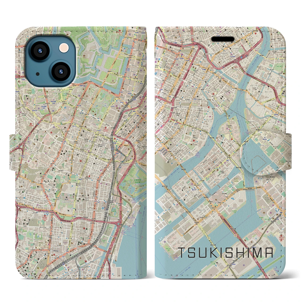 【月島(東京都)】地図柄iPhoneケース(手帳タイプ)ナチュラル・iPhone 13 用