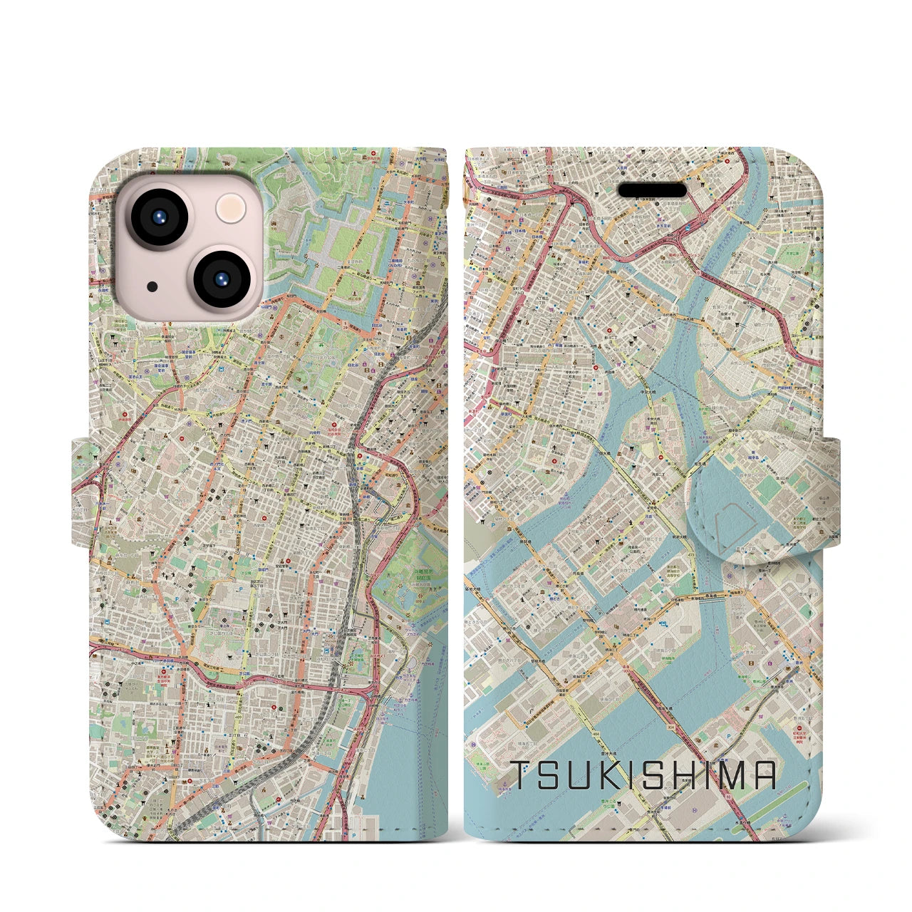 【月島(東京都)】地図柄iPhoneケース(手帳タイプ)ナチュラル・iPhone 13 mini 用