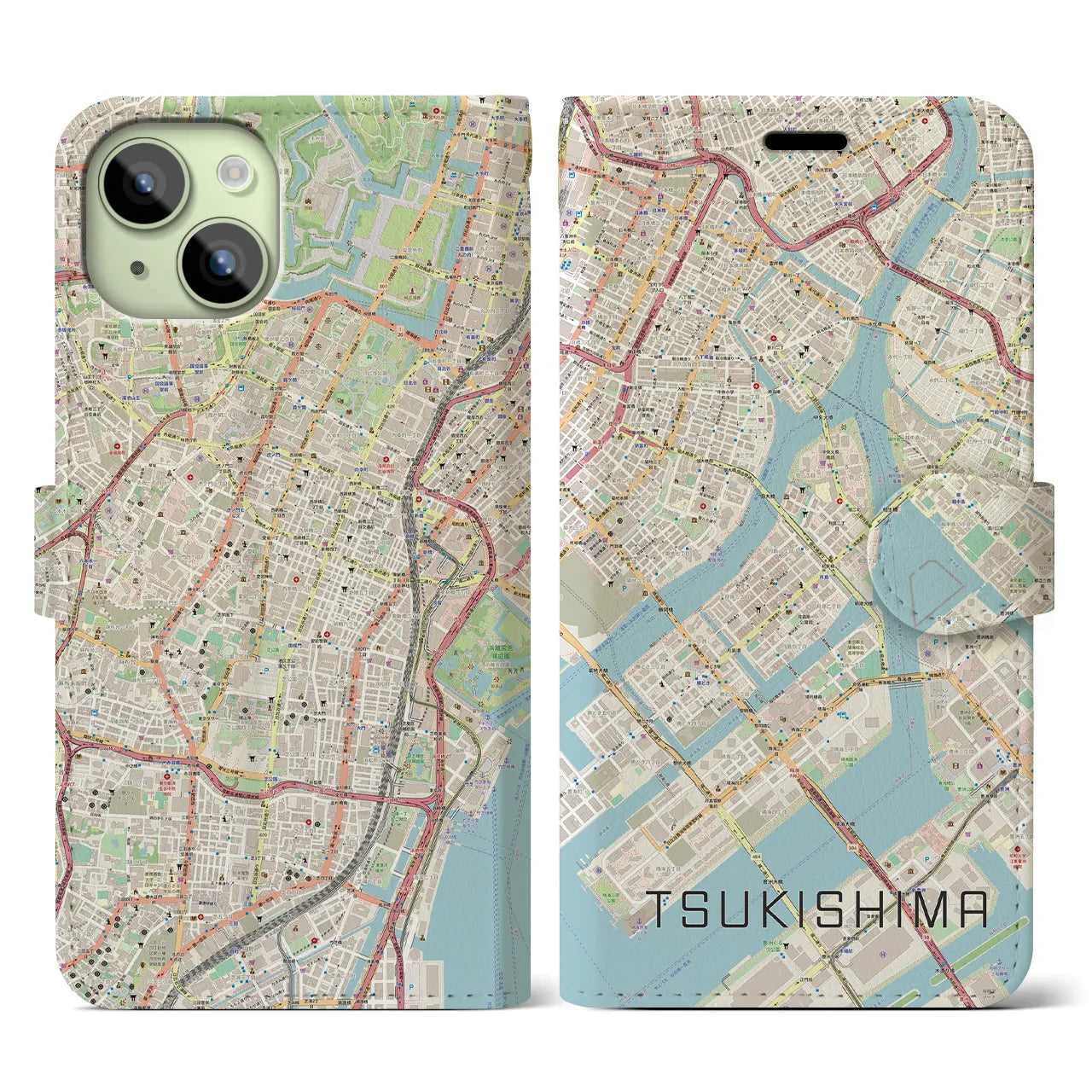 【月島(東京都)】地図柄iPhoneケース(手帳タイプ)ナチュラル・iPhone 15 用