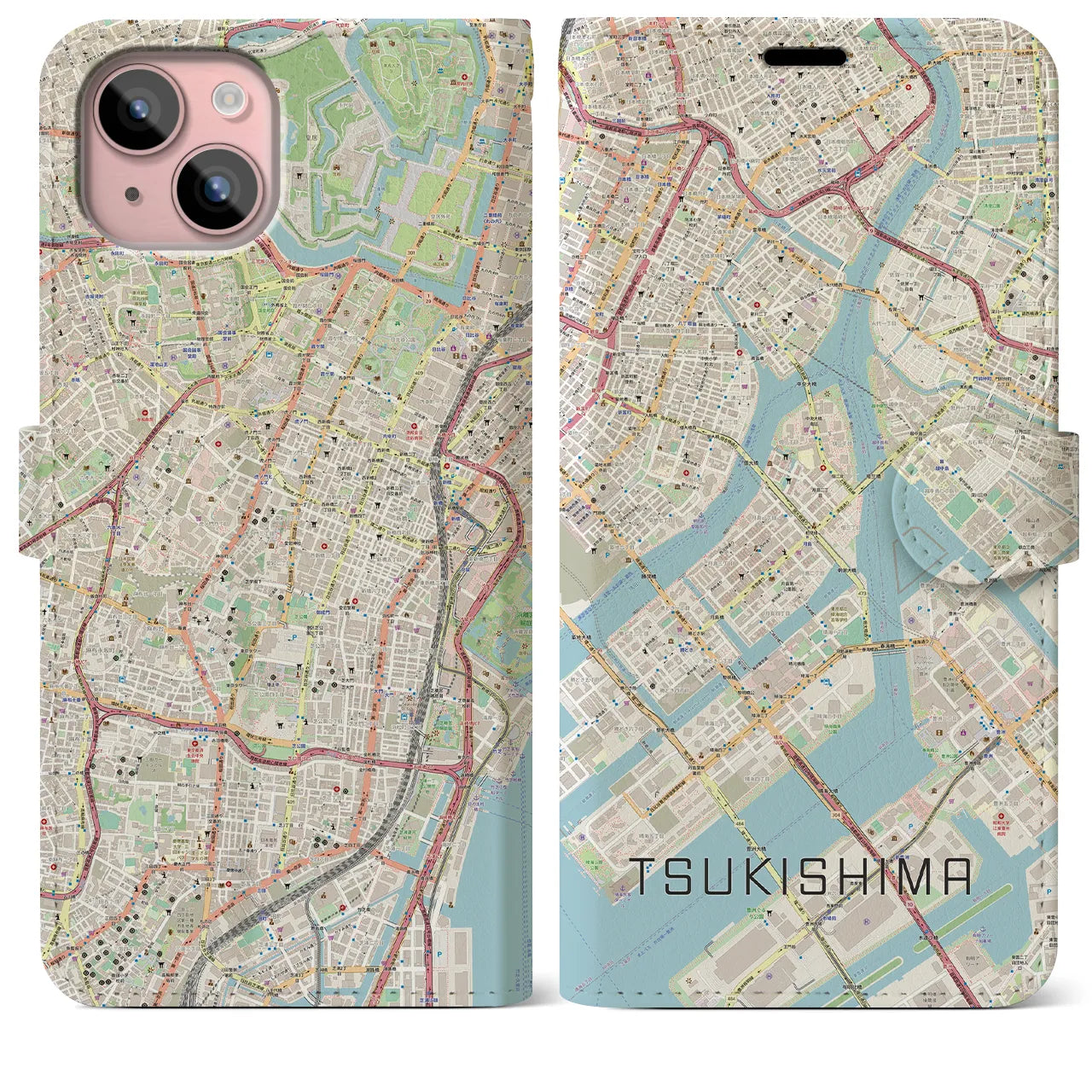 【月島(東京都)】地図柄iPhoneケース(手帳タイプ)ナチュラル・iPhone 15 Plus 用