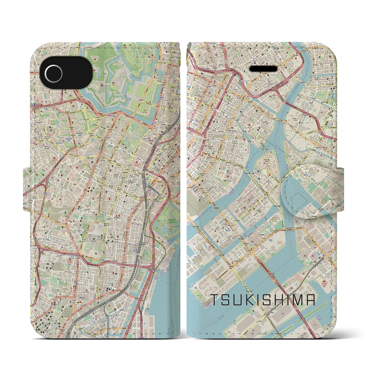 【月島(東京都)】地図柄iPhoneケース(手帳タイプ)ナチュラル・iPhone SE(第3 / 第2世代) / 8 / 7 / 6s / 6 用
