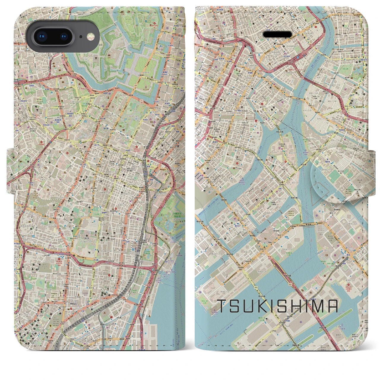 【月島(東京都)】地図柄iPhoneケース(手帳タイプ)ナチュラル・iPhone 8Plus /7Plus / 6sPlus / 6Plus 用