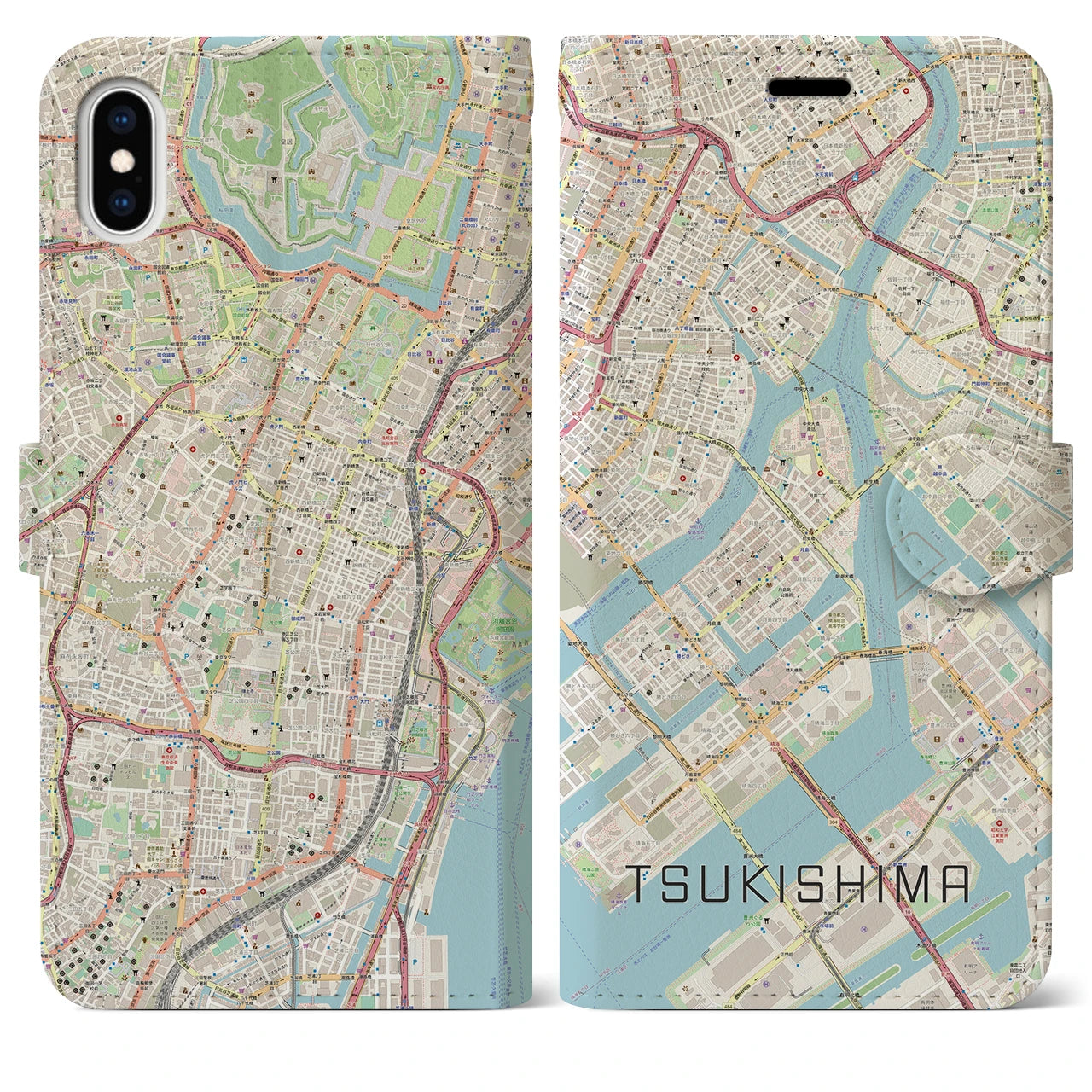 【月島(東京都)】地図柄iPhoneケース(手帳タイプ)ナチュラル・iPhone XS Max 用