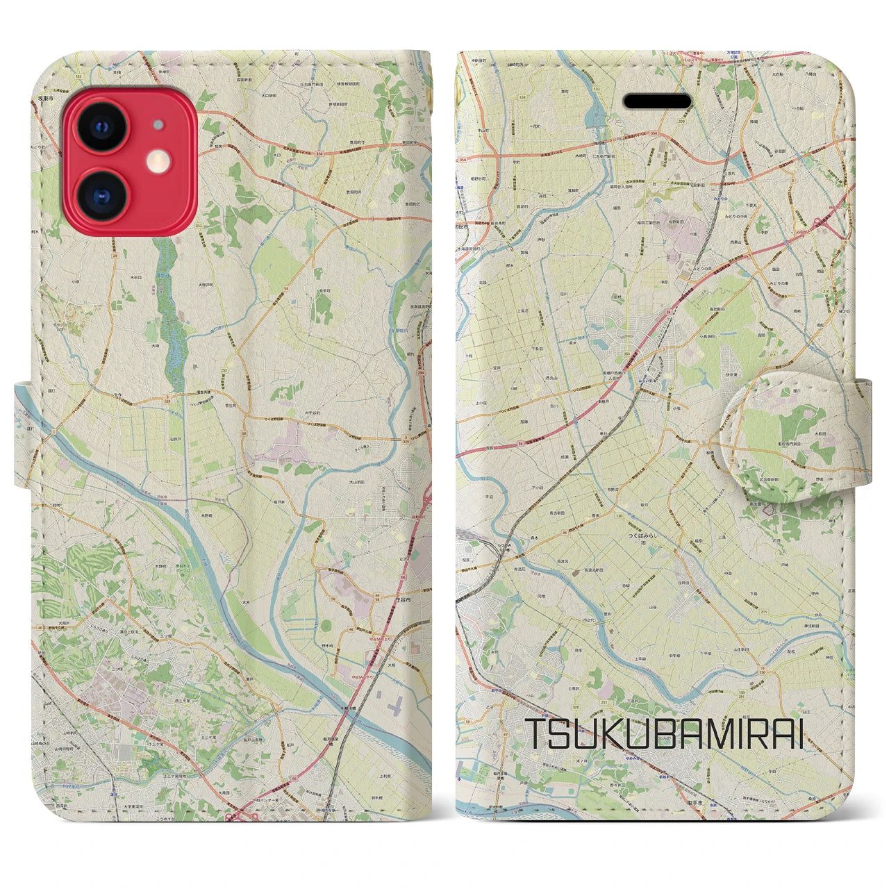 【つくばみらい(茨城県)】地図柄iPhoneケース(手帳タイプ)ナチュラル・iPhone 11 用