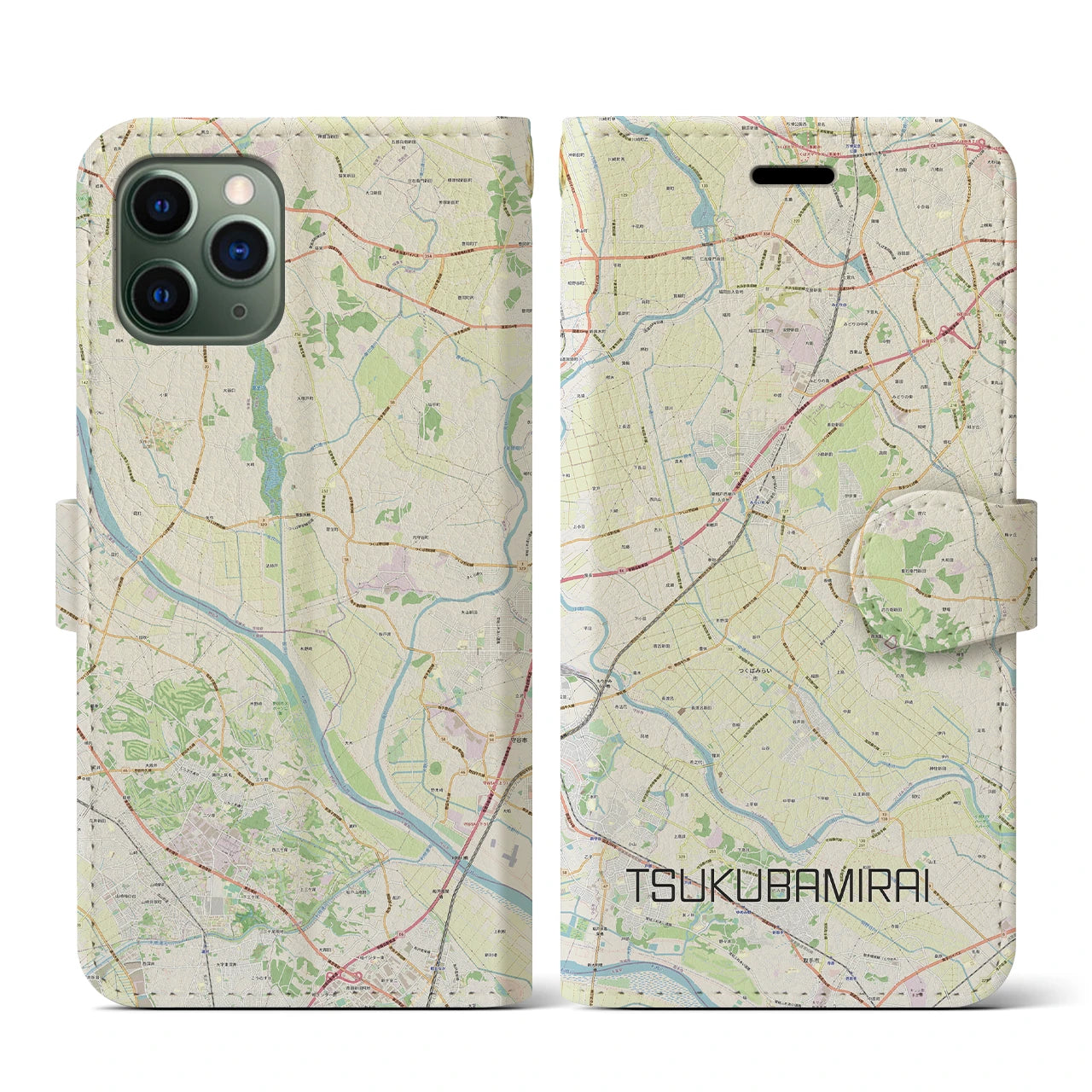 【つくばみらい(茨城県)】地図柄iPhoneケース(手帳タイプ)ナチュラル・iPhone 11 Pro 用