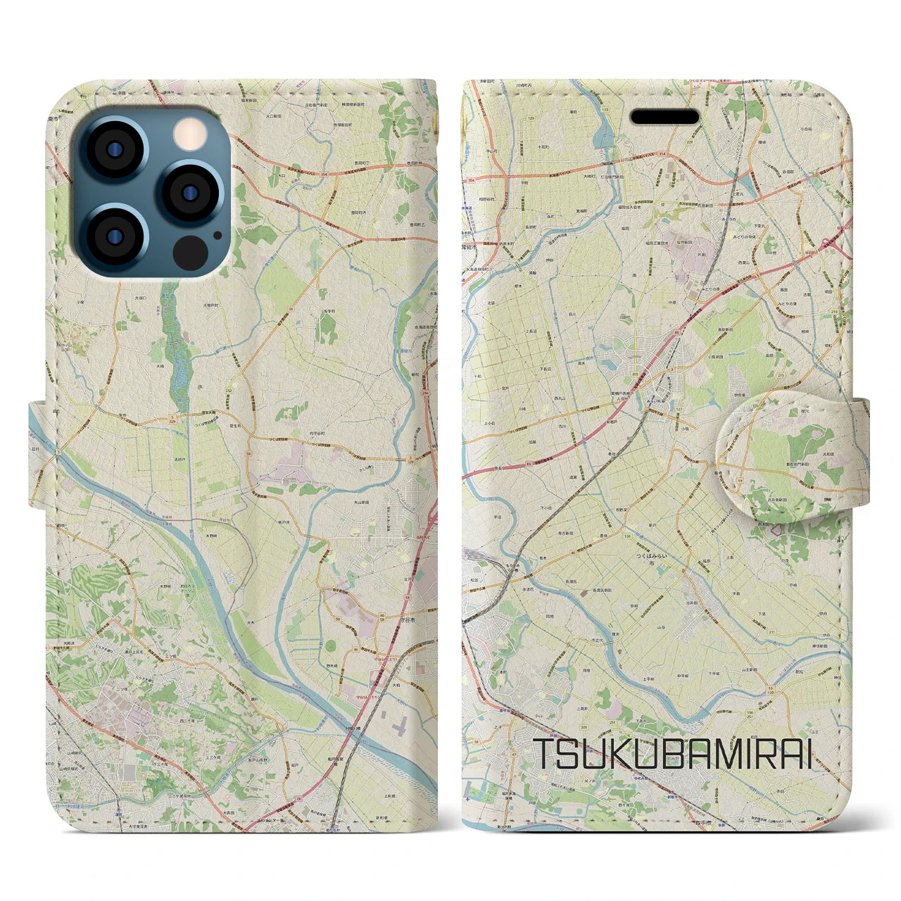 【つくばみらい(茨城県)】地図柄iPhoneケース(手帳タイプ)ナチュラル・iPhone 12 / 12 Pro 用