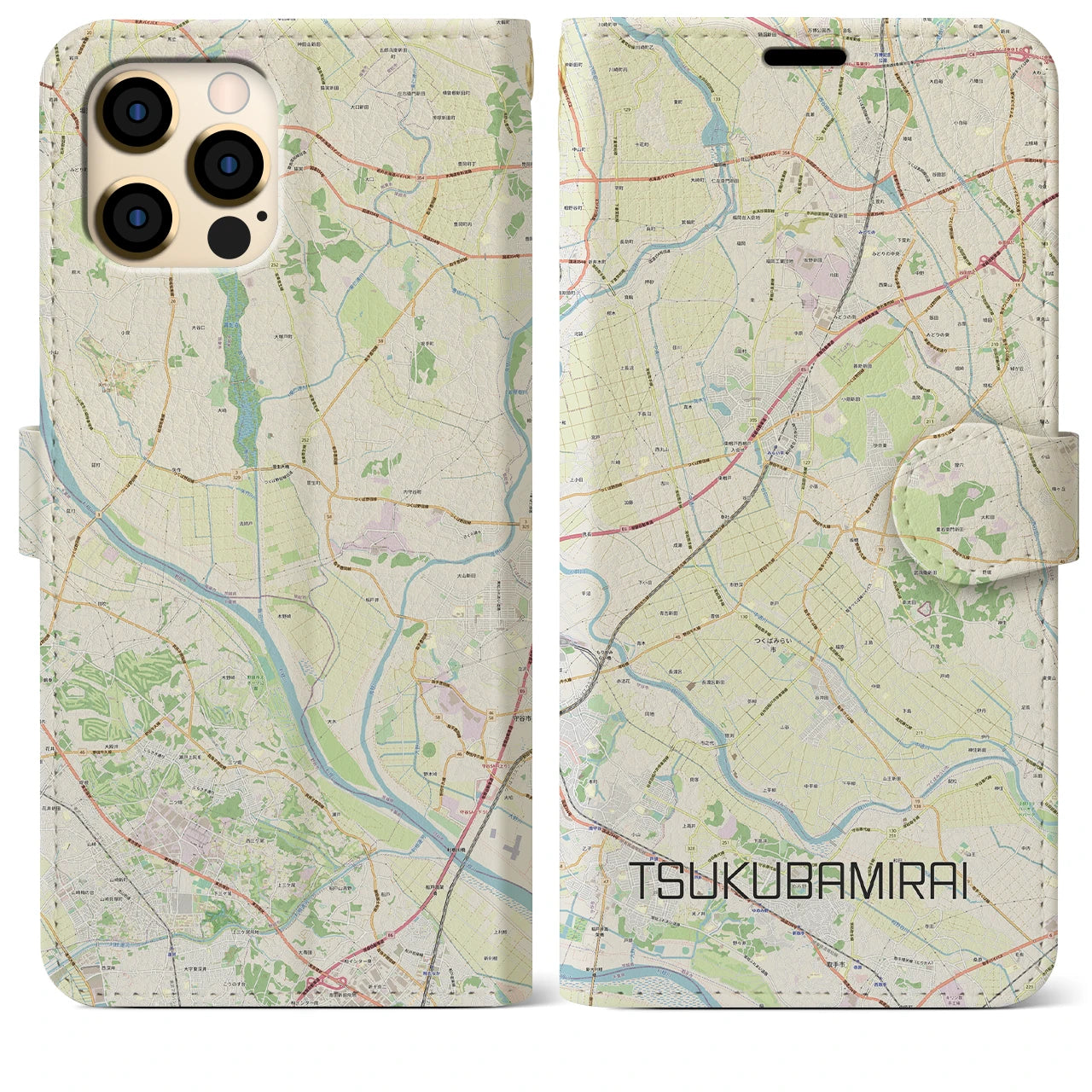 【つくばみらい(茨城県)】地図柄iPhoneケース(手帳タイプ)ナチュラル・iPhone 12 Pro Max 用
