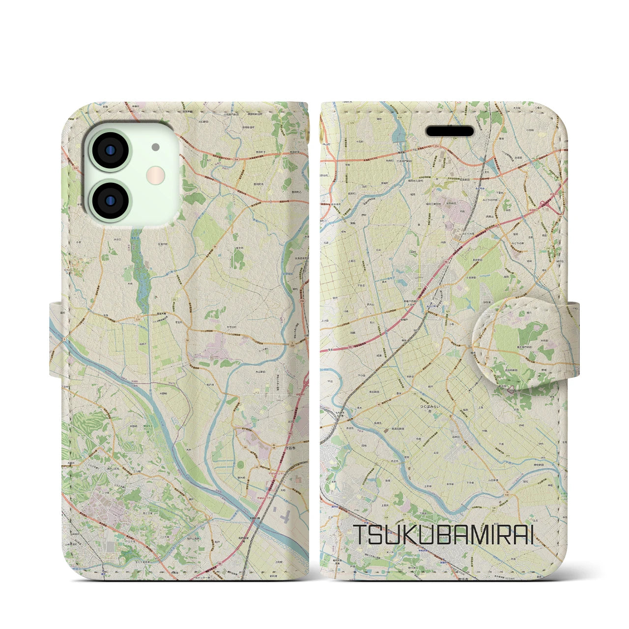 【つくばみらい(茨城県)】地図柄iPhoneケース(手帳タイプ)ナチュラル・iPhone 12 mini 用