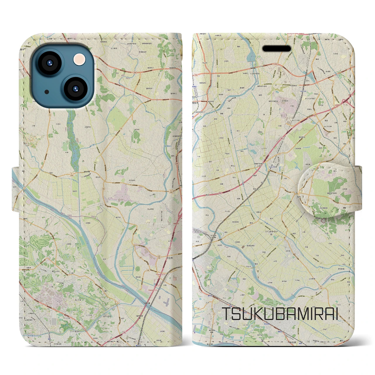 【つくばみらい(茨城県)】地図柄iPhoneケース(手帳タイプ)ナチュラル・iPhone 13 用