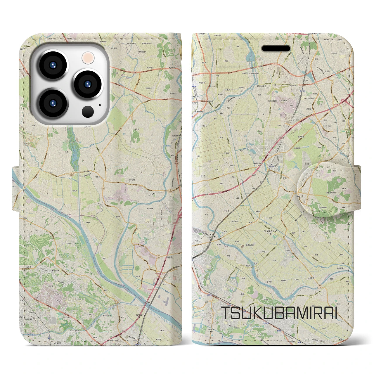 【つくばみらい(茨城県)】地図柄iPhoneケース(手帳タイプ)ナチュラル・iPhone 13 Pro 用