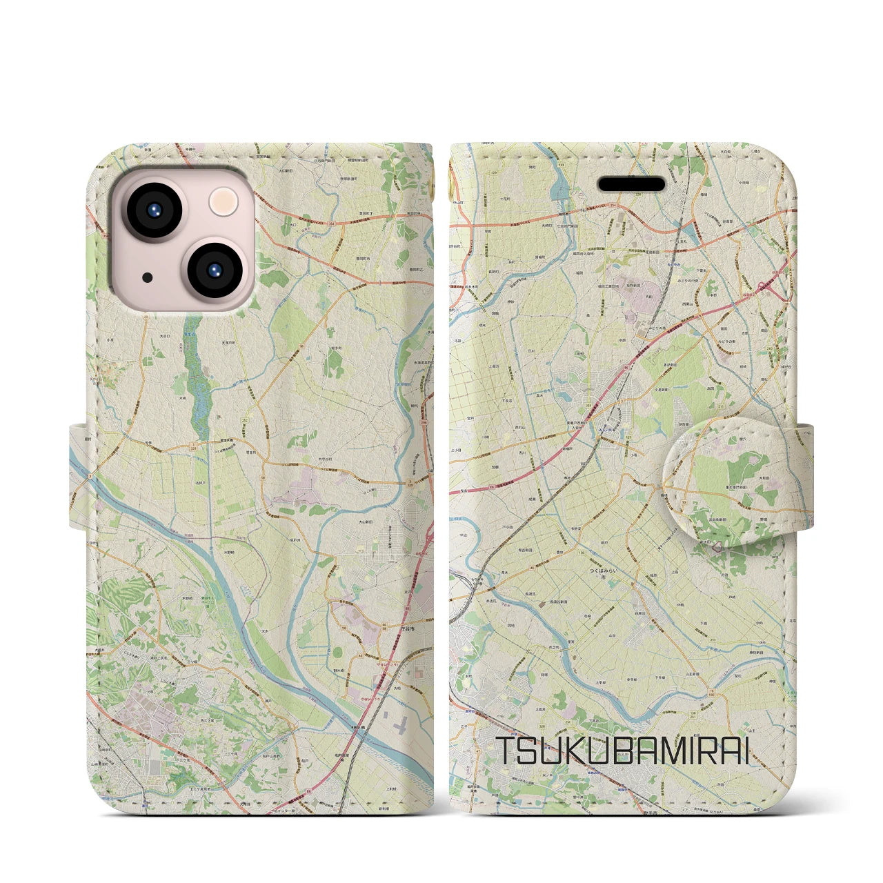 【つくばみらい(茨城県)】地図柄iPhoneケース(手帳タイプ)ナチュラル・iPhone 13 mini 用