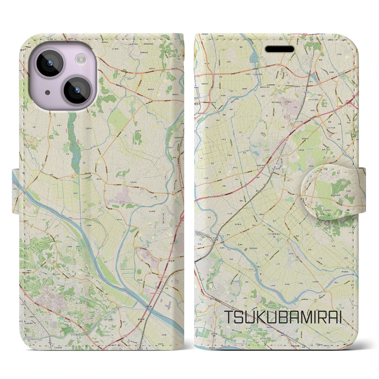 【つくばみらい(茨城県)】地図柄iPhoneケース(手帳タイプ)ナチュラル・iPhone 14 用