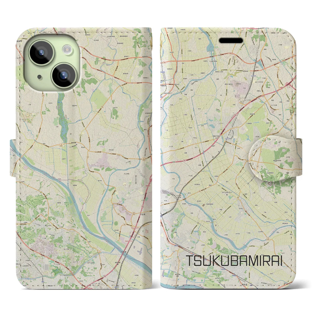 【つくばみらい(茨城県)】地図柄iPhoneケース(手帳タイプ)ナチュラル・iPhone 15 用
