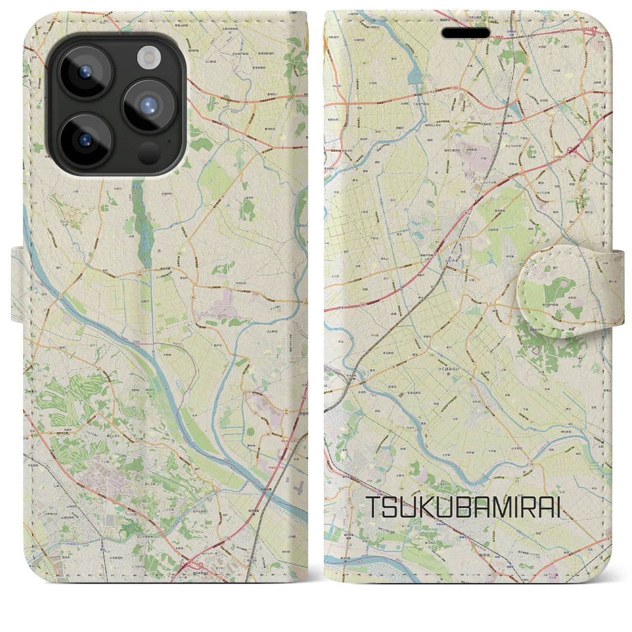 【つくばみらい(茨城県)】地図柄iPhoneケース(手帳タイプ)ナチュラル・iPhone 15 Pro Max 用