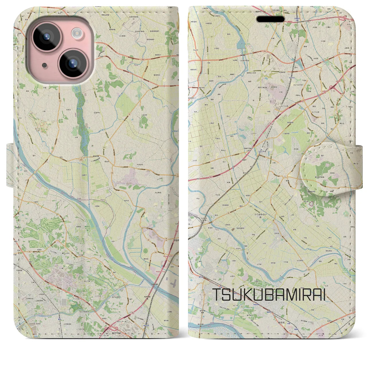 【つくばみらい(茨城県)】地図柄iPhoneケース(手帳タイプ)ナチュラル・iPhone 15 Plus 用