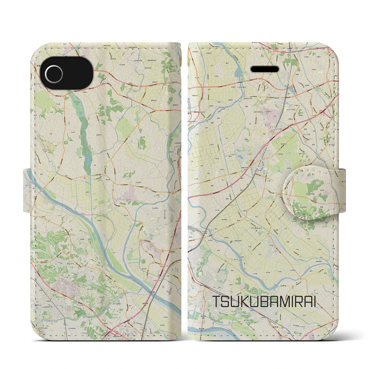 【つくばみらい(茨城県)】地図柄iPhoneケース(手帳タイプ)ナチュラル・iPhone SE(第3 / 第2世代) / 8 / 7 / 6s / 6 用