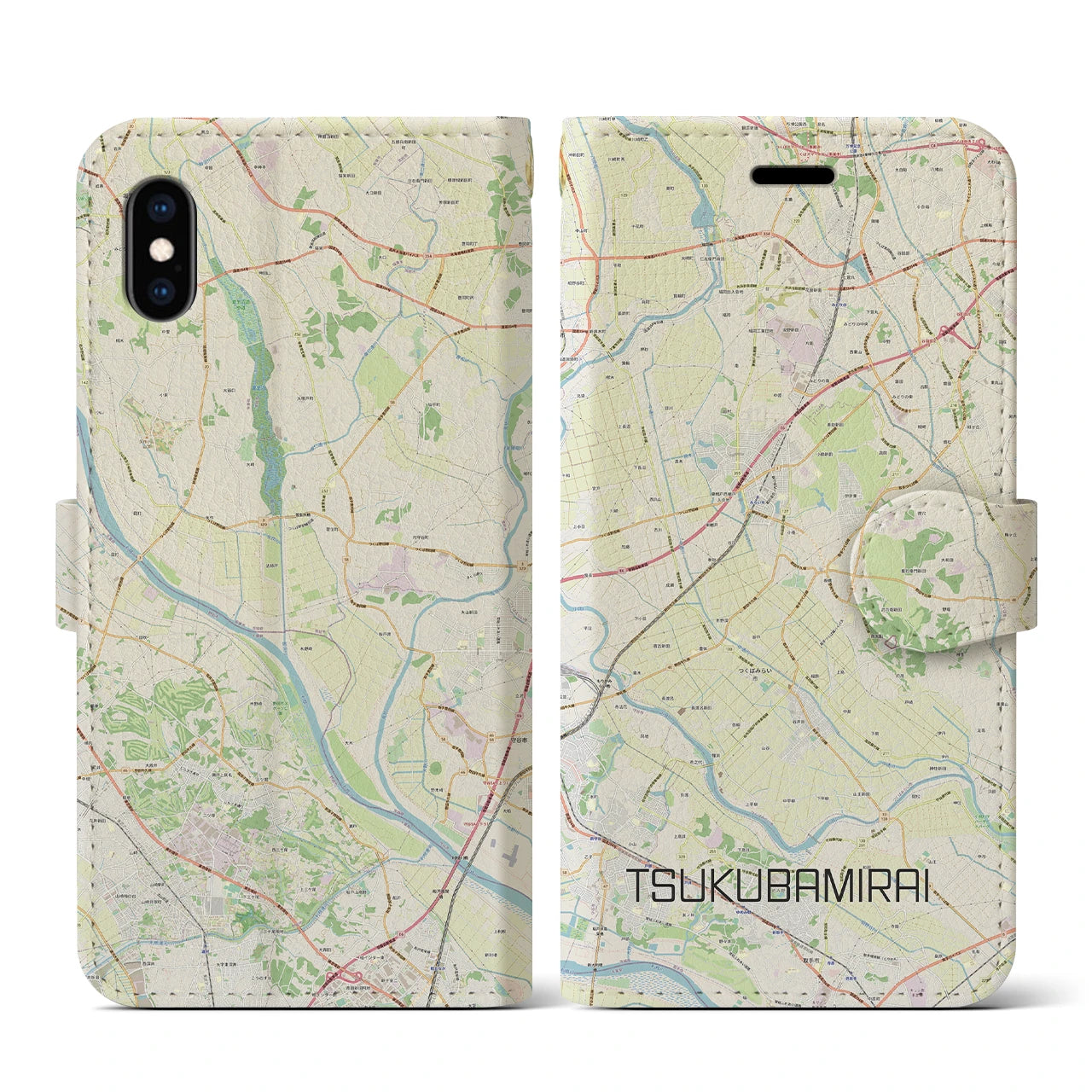【つくばみらい(茨城県)】地図柄iPhoneケース(手帳タイプ)ナチュラル・iPhone XS / X 用