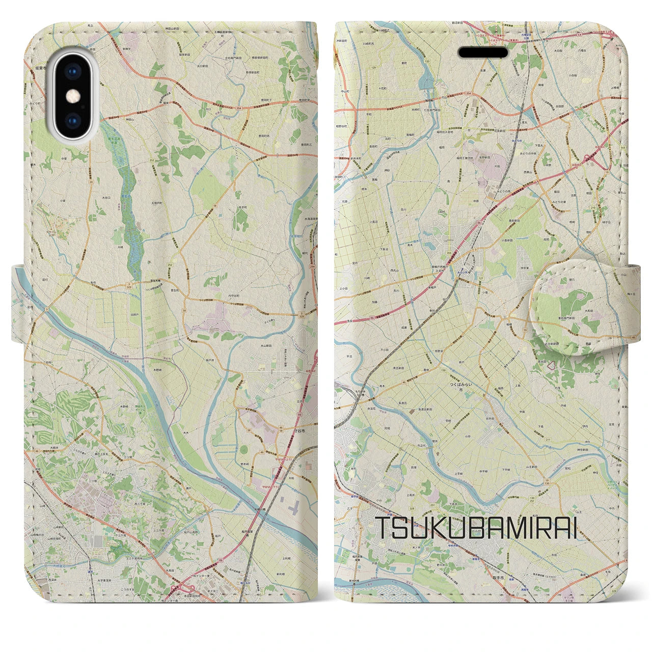 【つくばみらい(茨城県)】地図柄iPhoneケース(手帳タイプ)ナチュラル・iPhone XS Max 用