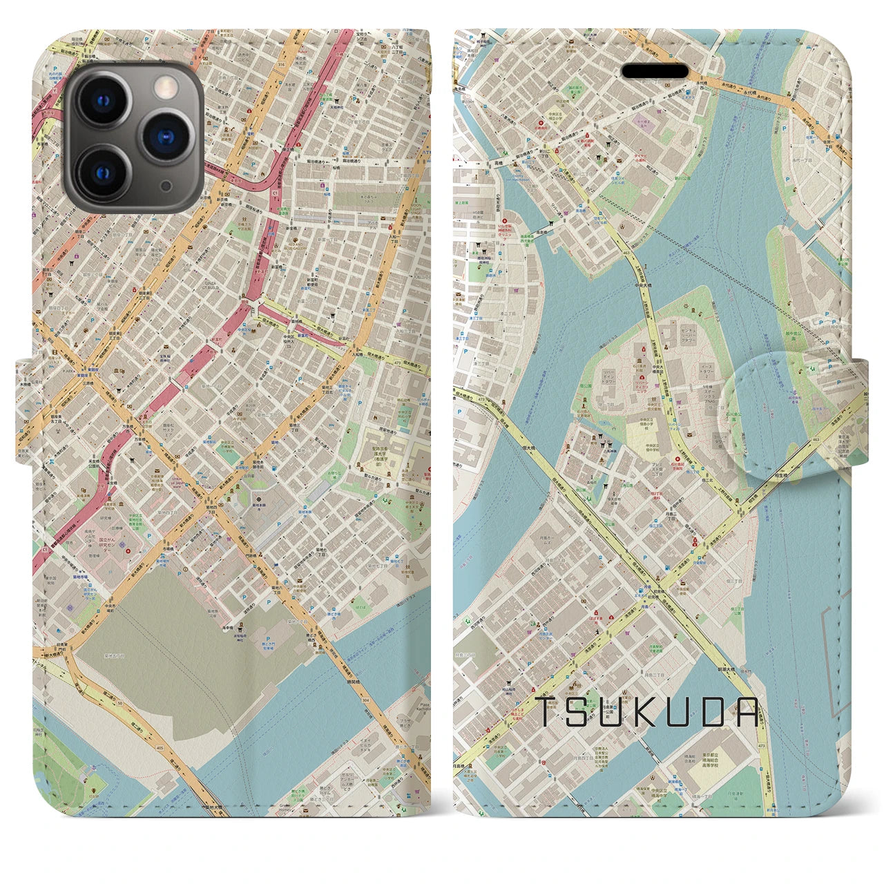 【佃(東京都)】地図柄iPhoneケース(手帳タイプ)ナチュラル・iPhone 11 Pro Max 用