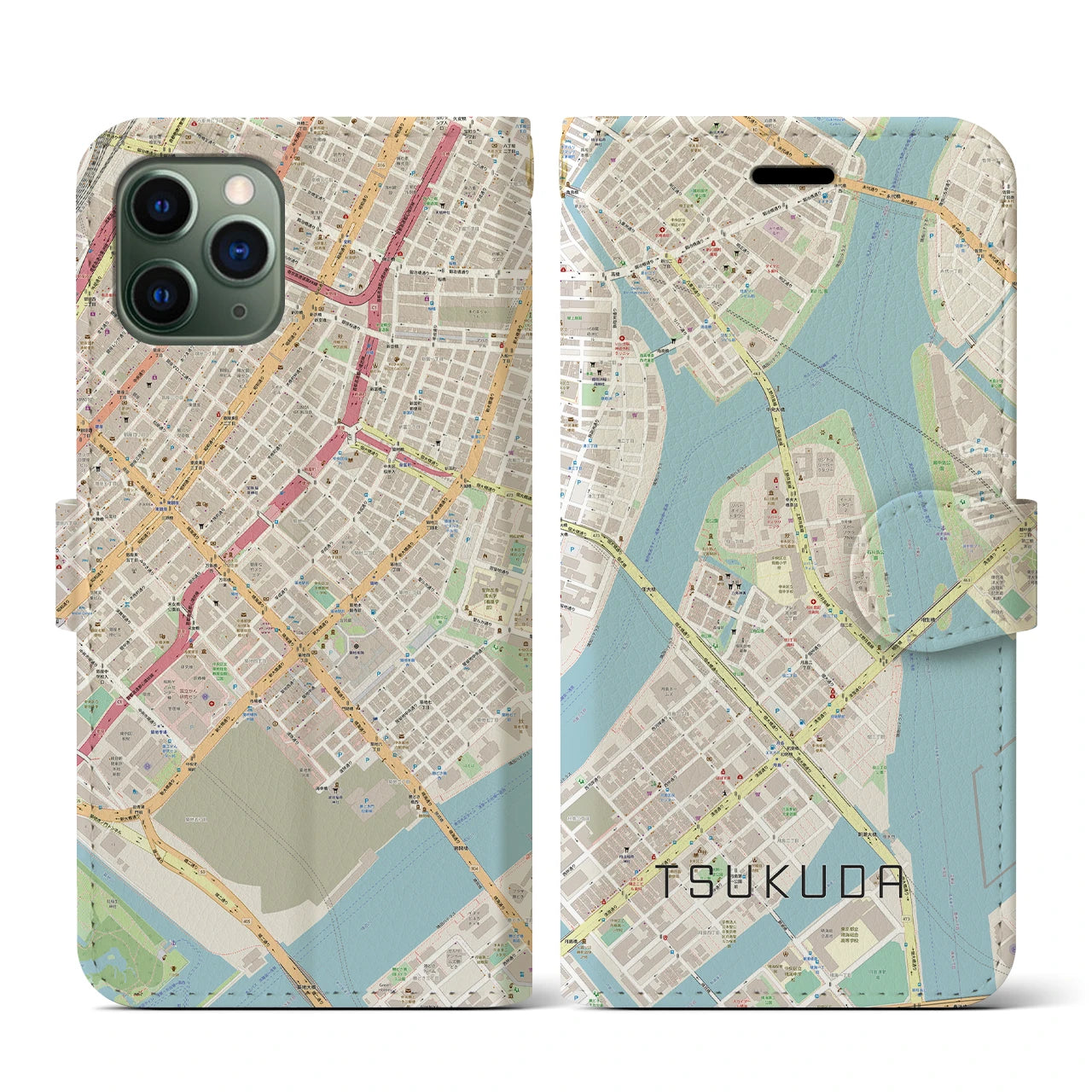 【佃(東京都)】地図柄iPhoneケース(手帳タイプ)ナチュラル・iPhone 11 Pro 用