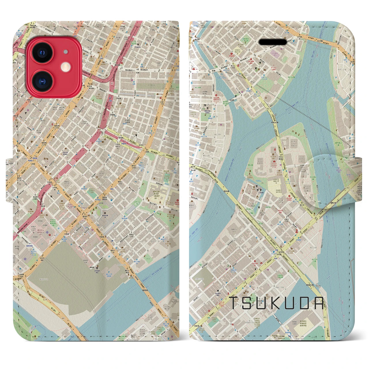 【佃(東京都)】地図柄iPhoneケース(手帳タイプ)ナチュラル・iPhone 11 用