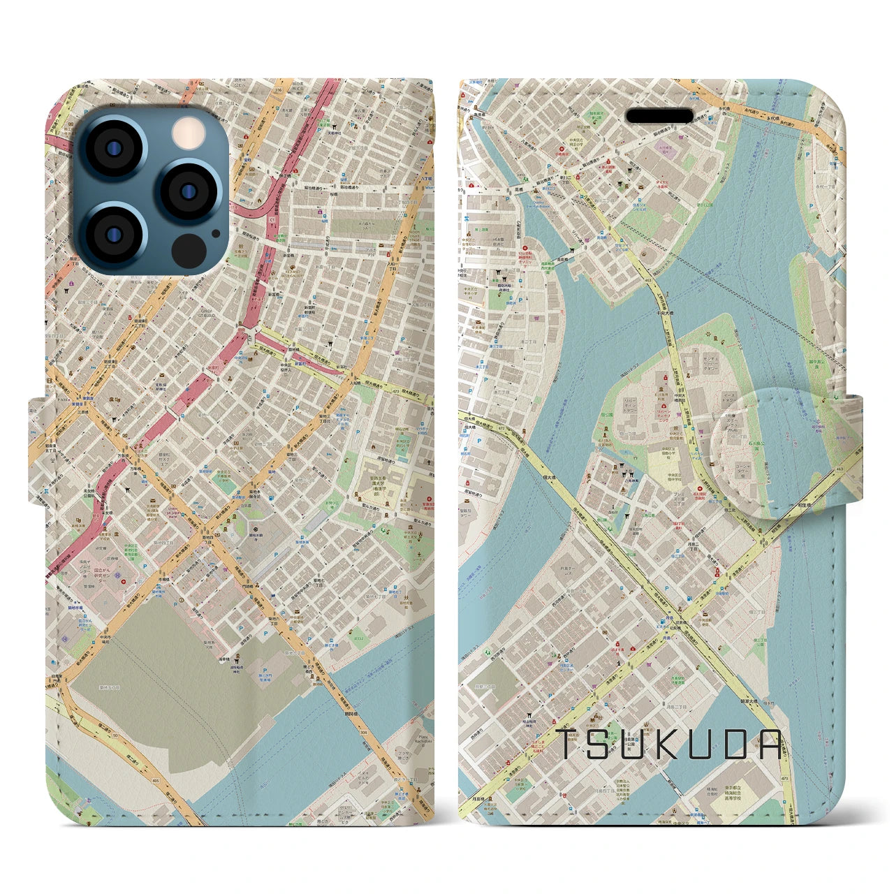 【佃(東京都)】地図柄iPhoneケース(手帳タイプ)ナチュラル・iPhone 12 / 12 Pro 用