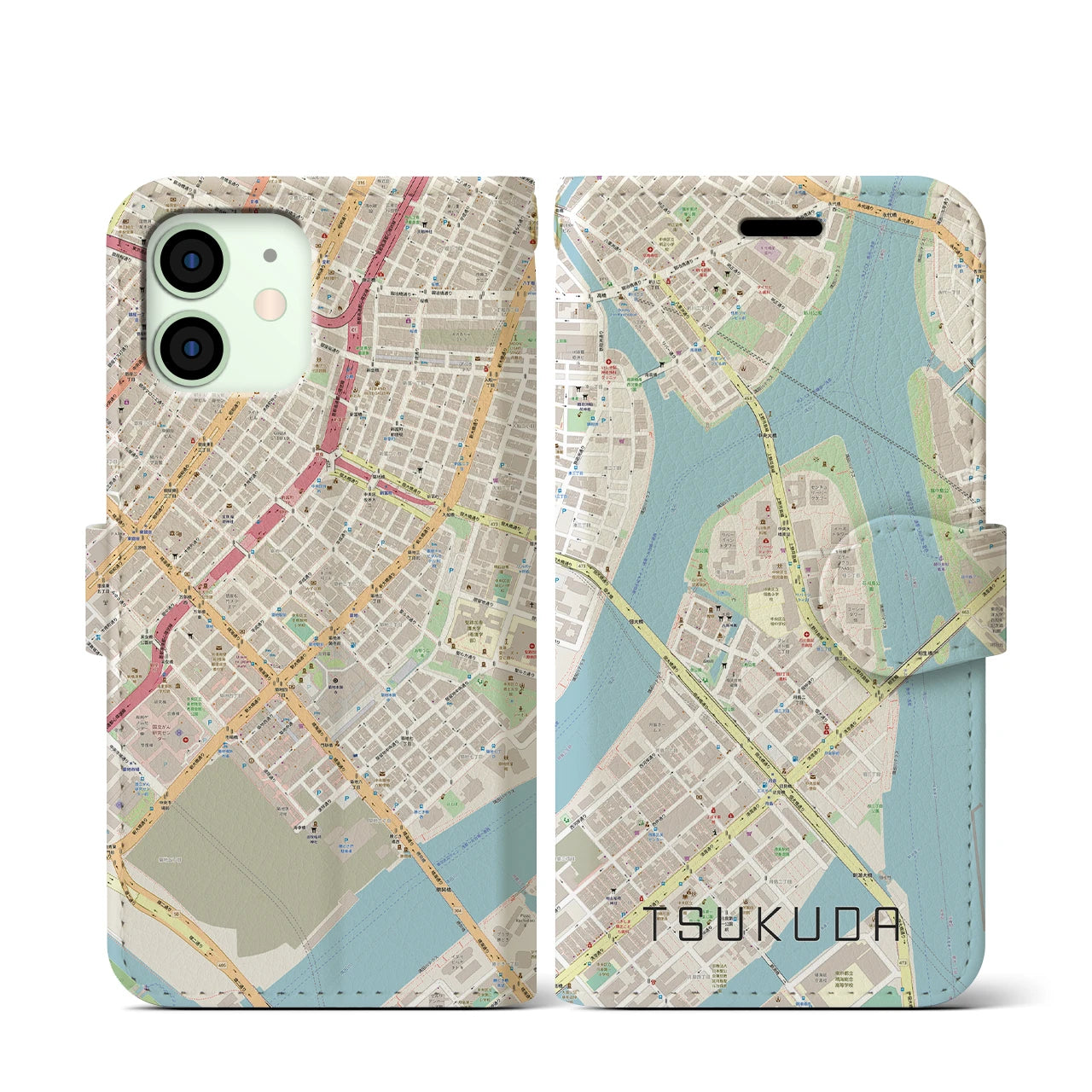 【佃(東京都)】地図柄iPhoneケース(手帳タイプ)ナチュラル・iPhone 12 mini 用