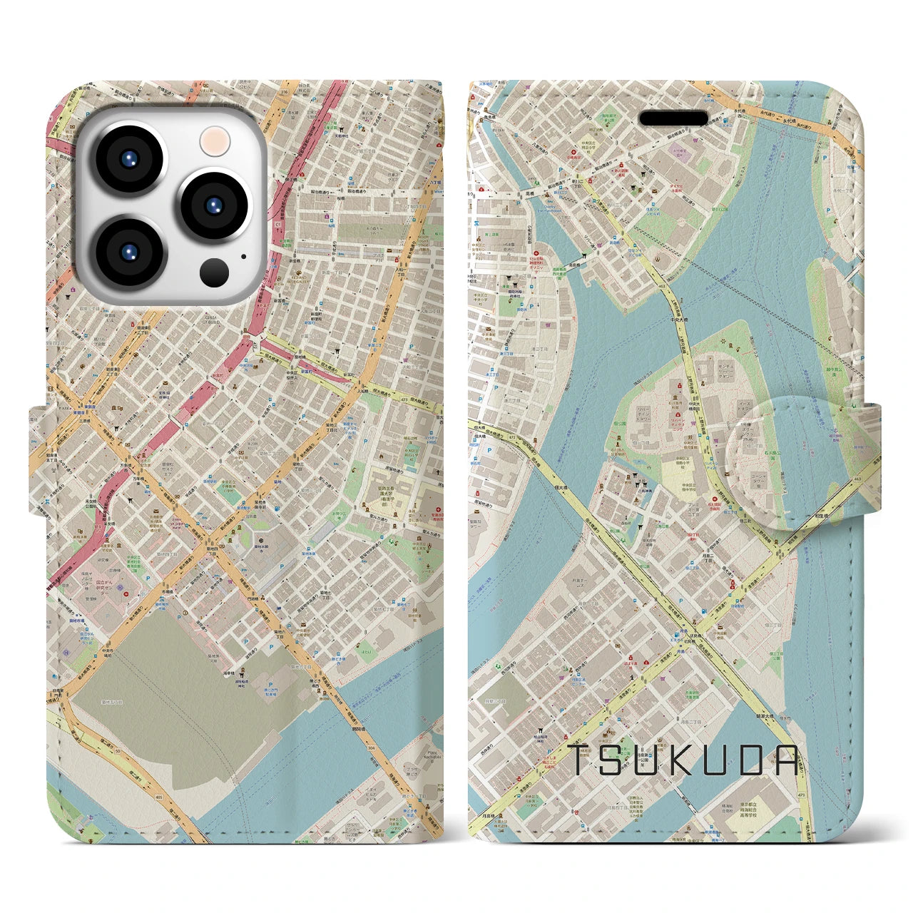 【佃(東京都)】地図柄iPhoneケース(手帳タイプ)ナチュラル・iPhone 13 Pro 用