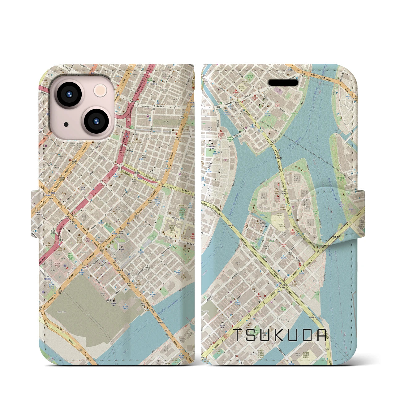 【佃(東京都)】地図柄iPhoneケース(手帳タイプ)ナチュラル・iPhone 13 mini 用