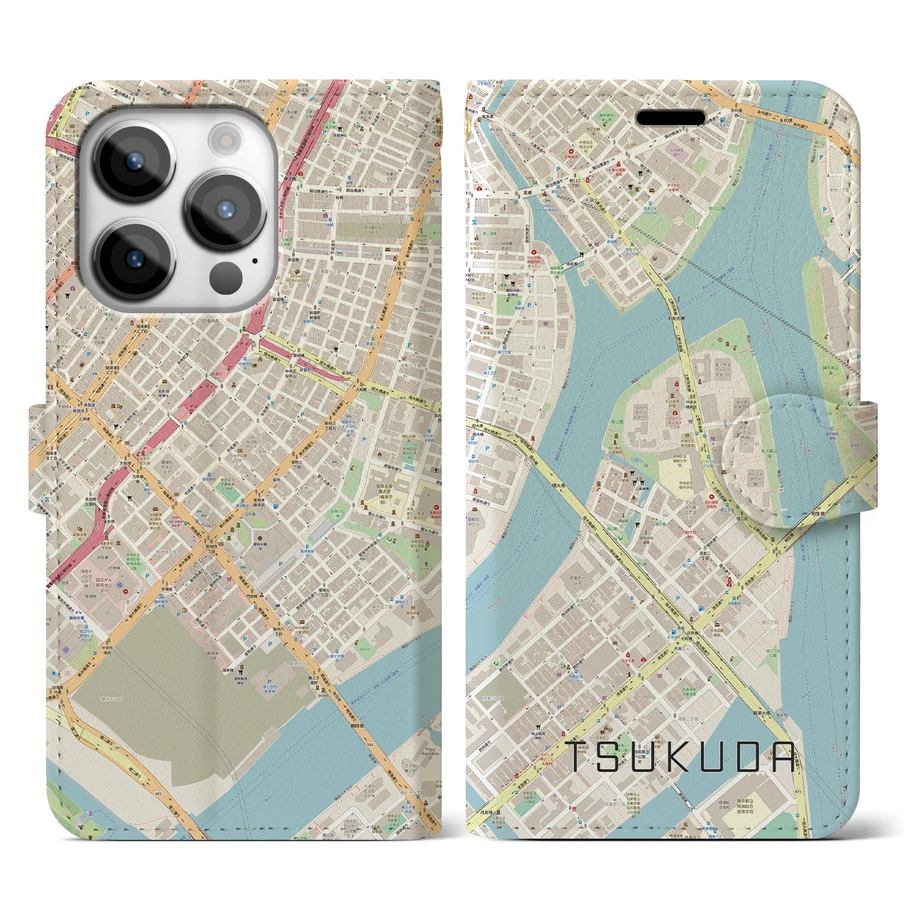 【佃(東京都)】地図柄iPhoneケース(手帳タイプ)ナチュラル・iPhone 14 Pro 用