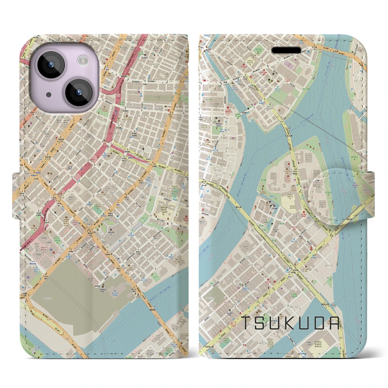 【佃(東京都)】地図柄iPhoneケース(手帳タイプ)ナチュラル・iPhone 14 用