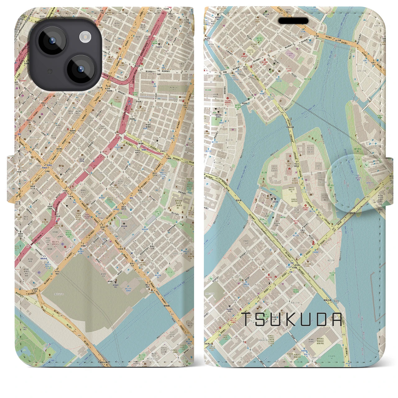 【佃(東京都)】地図柄iPhoneケース(手帳タイプ)ナチュラル・iPhone 14 Plus 用