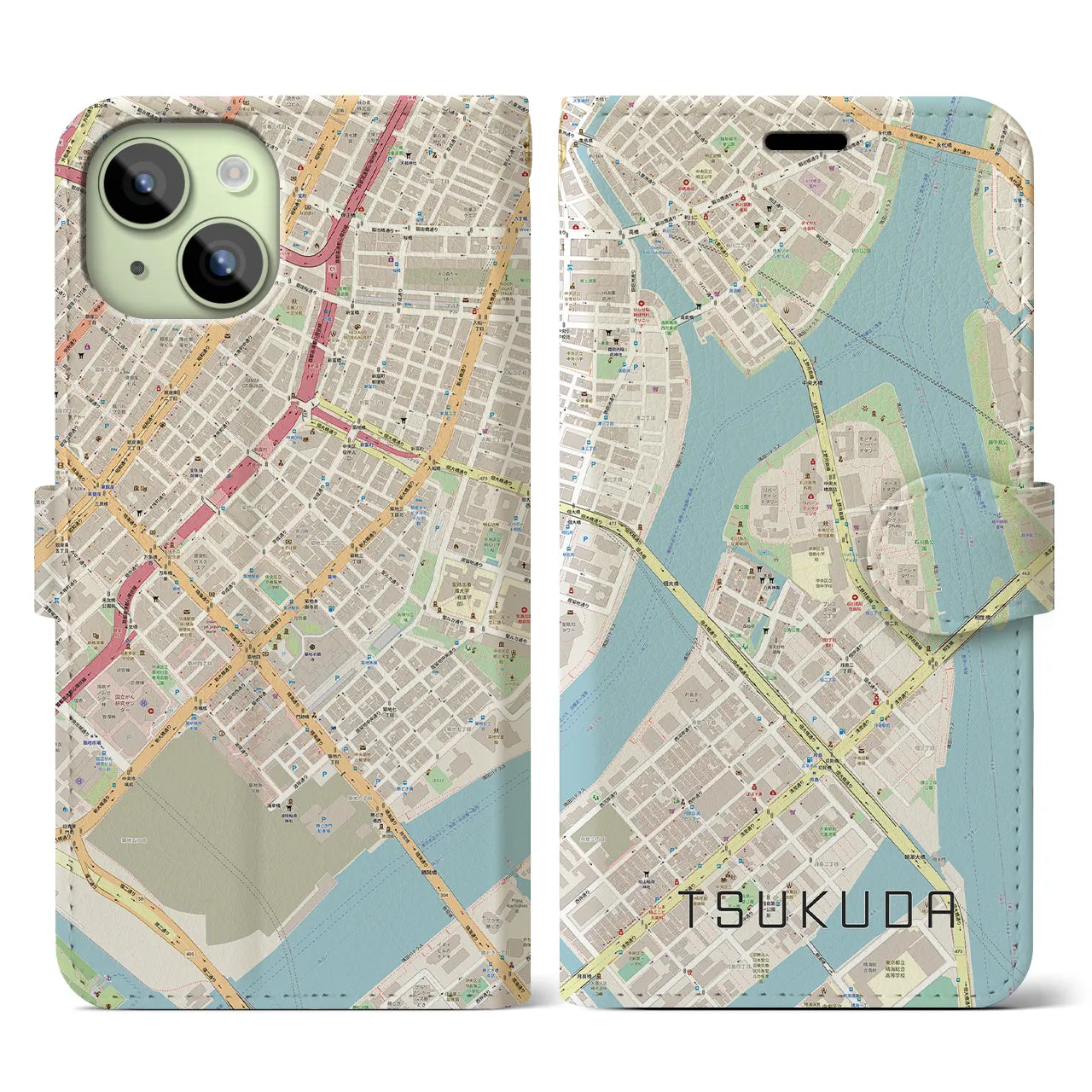 【佃(東京都)】地図柄iPhoneケース(手帳タイプ)ナチュラル・iPhone 15 用