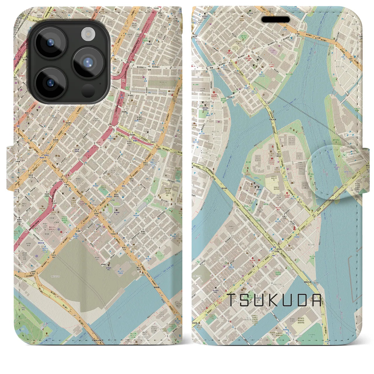 【佃(東京都)】地図柄iPhoneケース(手帳タイプ)ナチュラル・iPhone 15 Pro Max 用