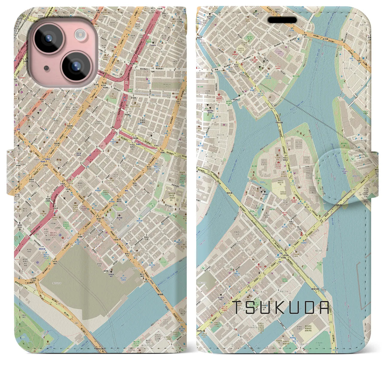 【佃(東京都)】地図柄iPhoneケース(手帳タイプ)ナチュラル・iPhone 15 Plus 用