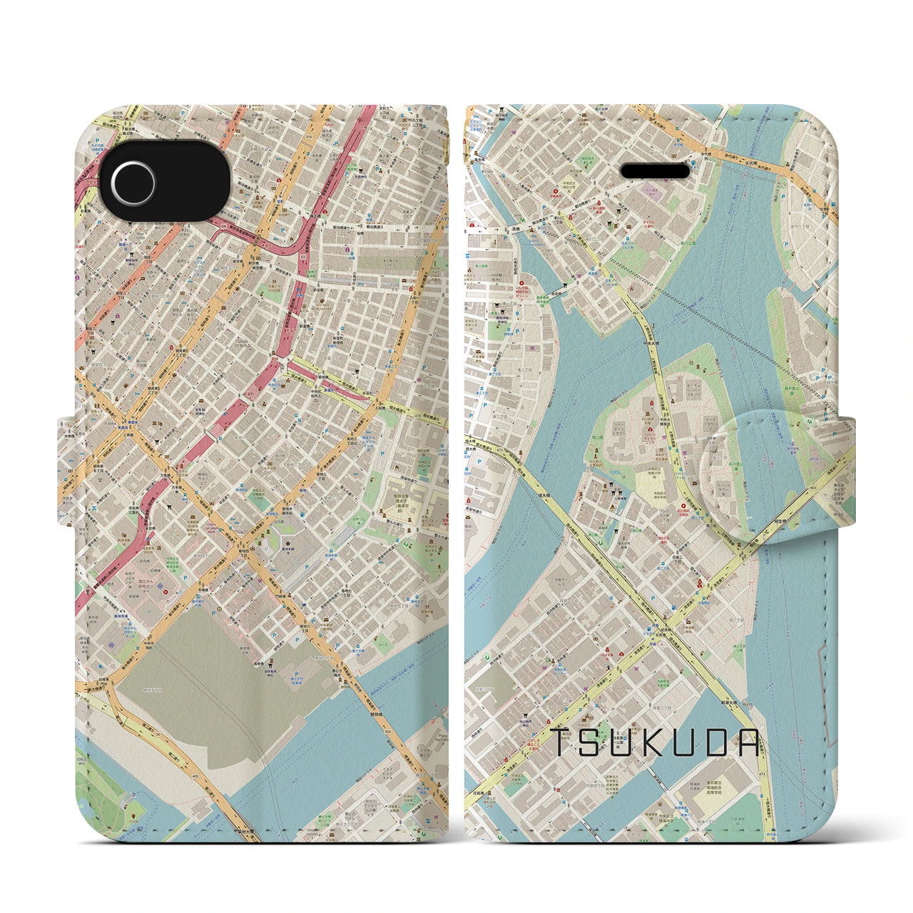 【佃(東京都)】地図柄iPhoneケース(手帳タイプ)ナチュラル・iPhone SE(第3 / 第2世代) / 8 / 7 / 6s / 6 用