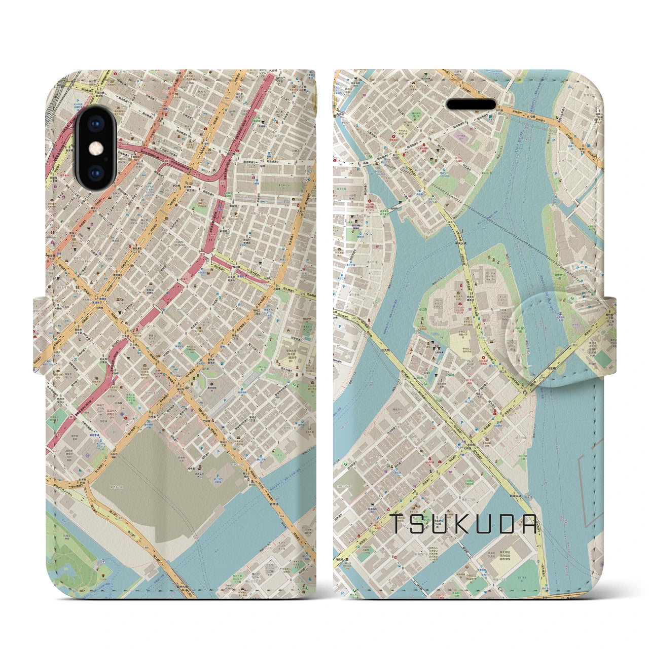【佃(東京都)】地図柄iPhoneケース(手帳タイプ)ナチュラル・iPhone XS / X 用