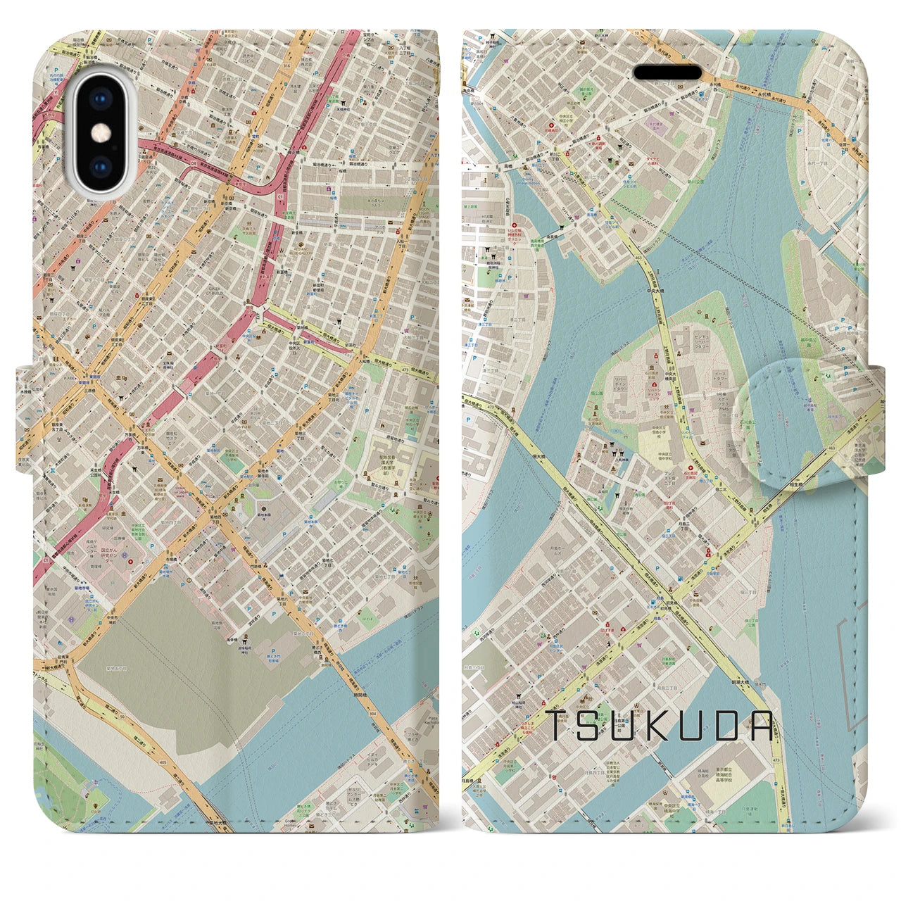 【佃(東京都)】地図柄iPhoneケース(手帳タイプ)ナチュラル・iPhone XS Max 用