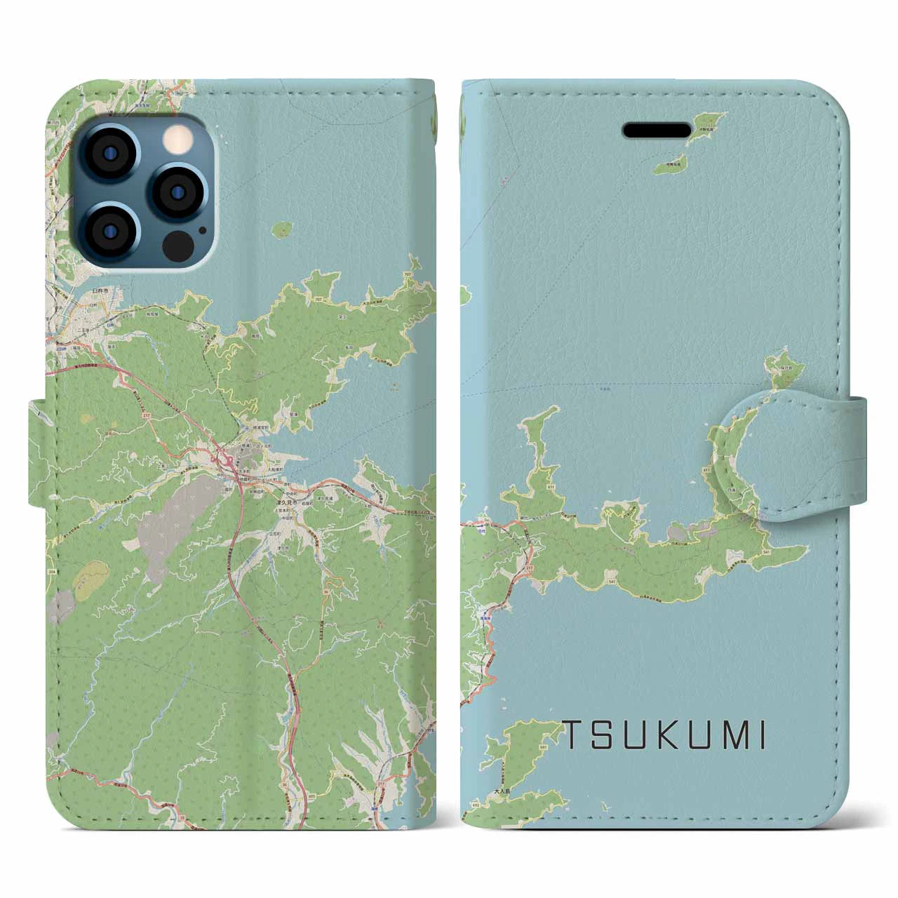 【津久見(大分県)】地図柄iPhoneケース(手帳タイプ)ナチュラル・iPhone 12 / 12 Pro 用