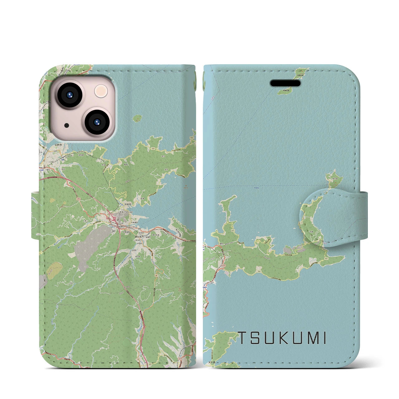 【津久見(大分県)】地図柄iPhoneケース(手帳タイプ)ナチュラル・iPhone 13 mini 用