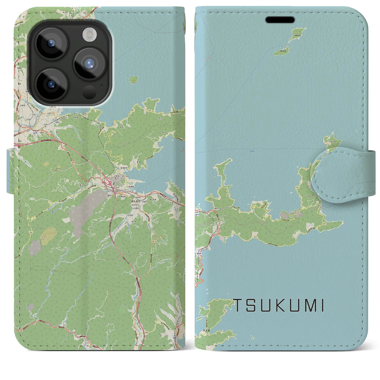 【津久見(大分県)】地図柄iPhoneケース(手帳タイプ)ナチュラル・iPhone 15 Pro Max 用