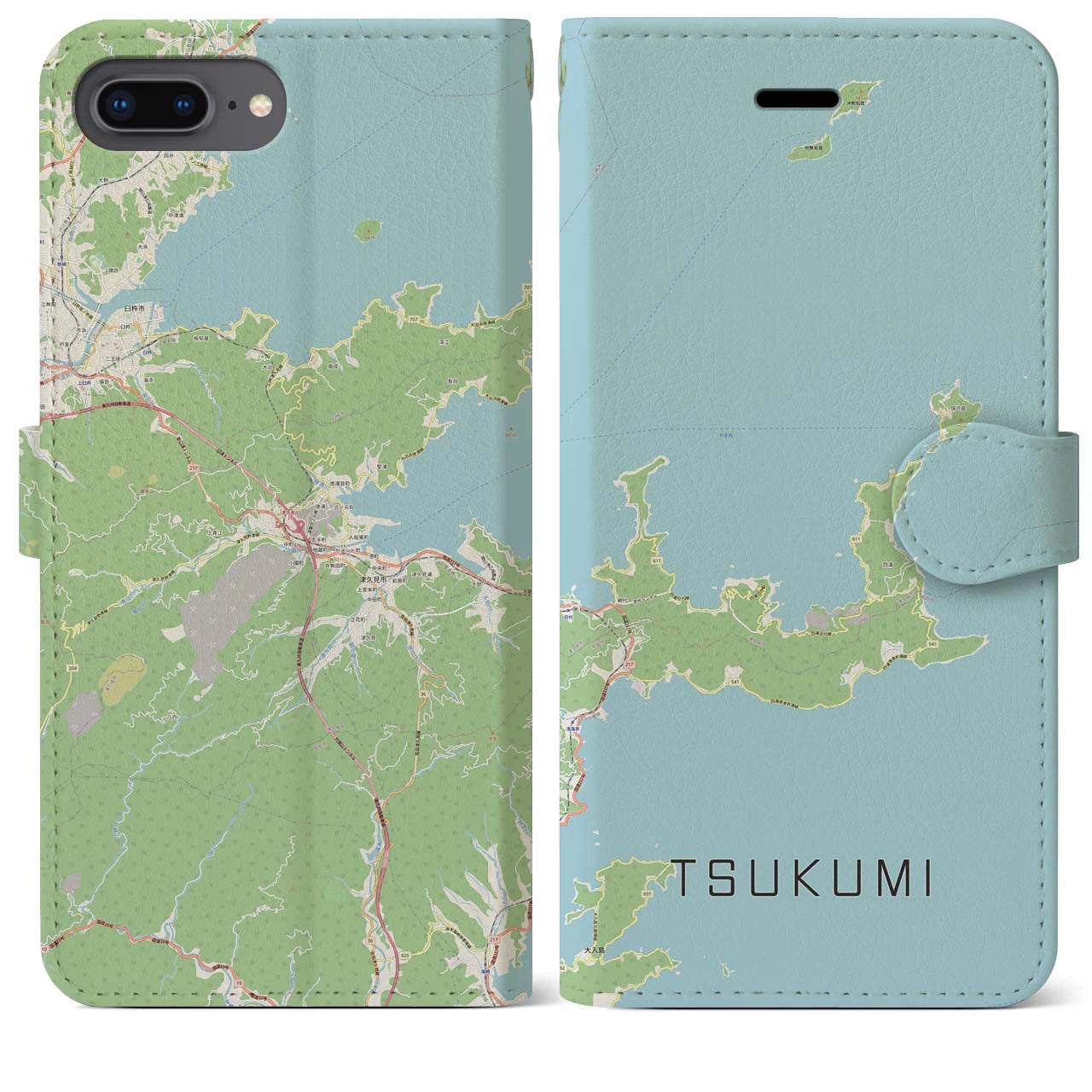 【津久見(大分県)】地図柄iPhoneケース(手帳タイプ)ナチュラル・iPhone 8Plus /7Plus / 6sPlus / 6Plus 用