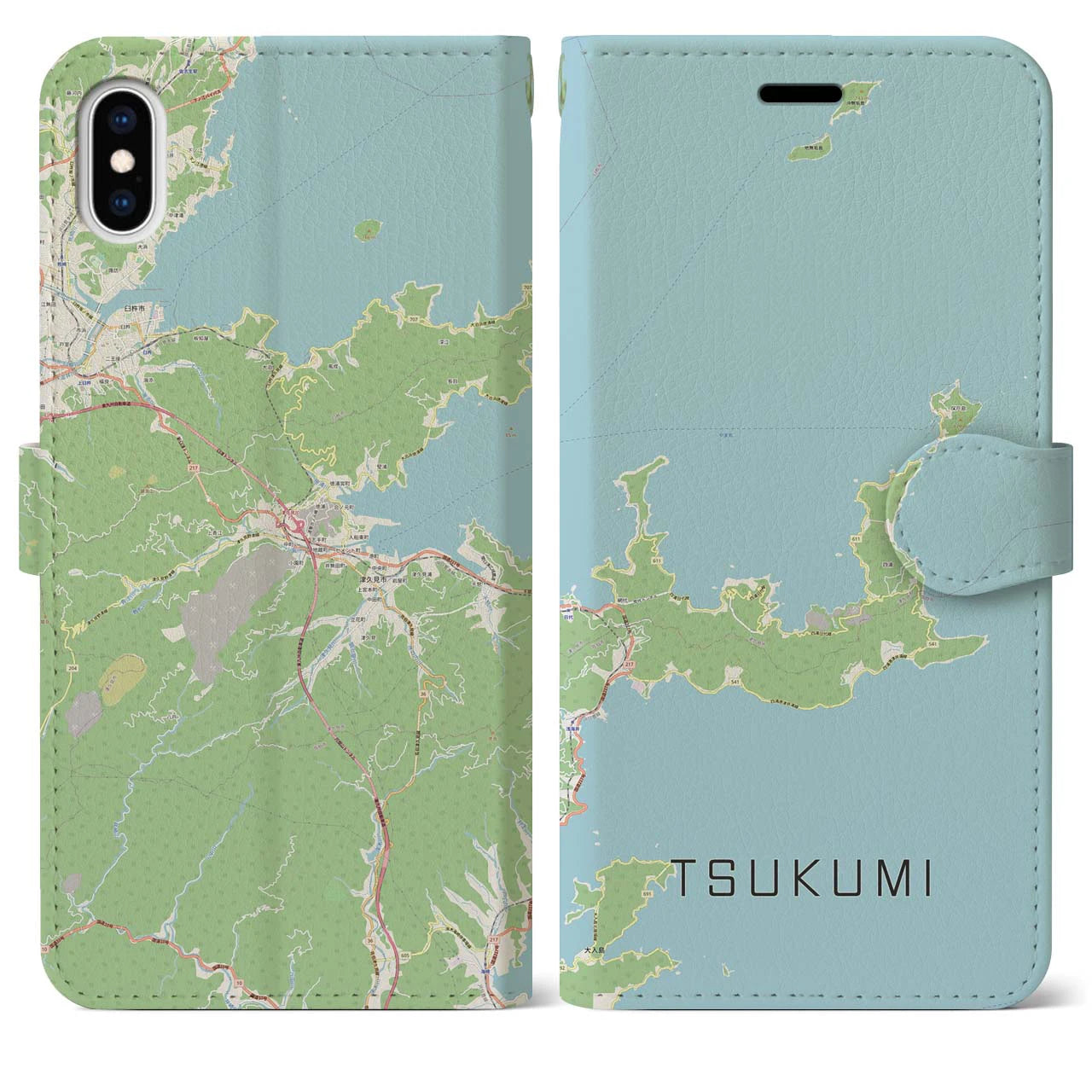 【津久見(大分県)】地図柄iPhoneケース(手帳タイプ)ナチュラル・iPhone XS Max 用