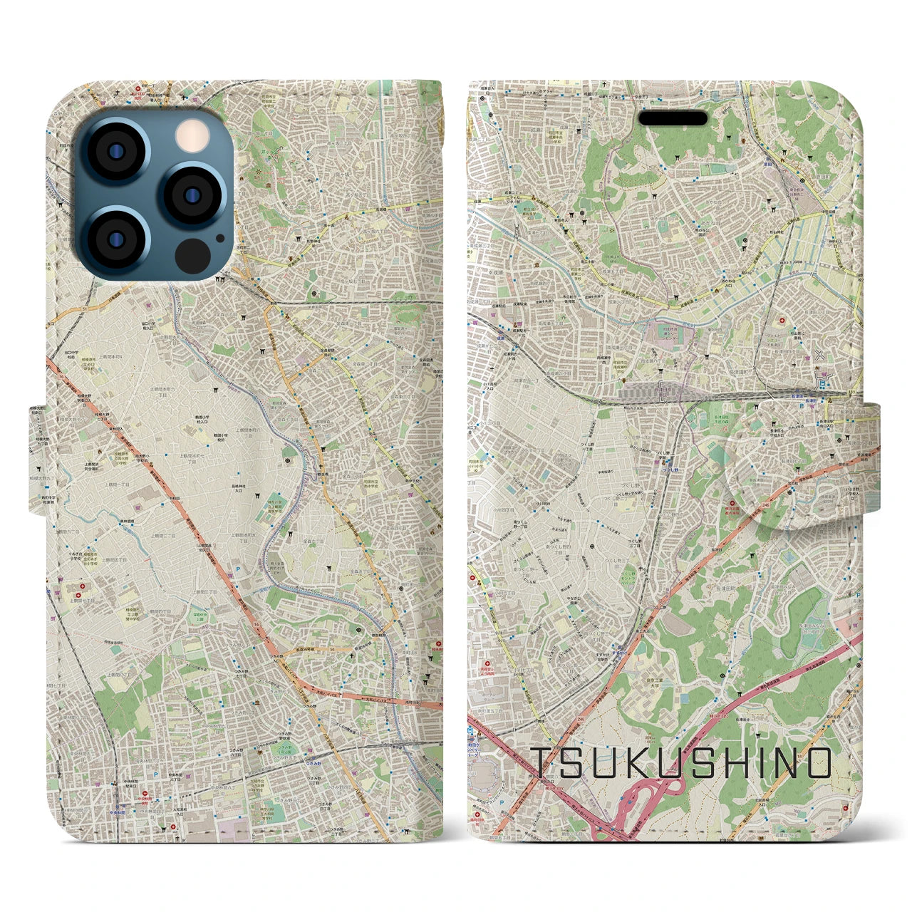 【つくし野(東京都)】地図柄iPhoneケース(手帳タイプ)ナチュラル・iPhone 12 / 12 Pro 用