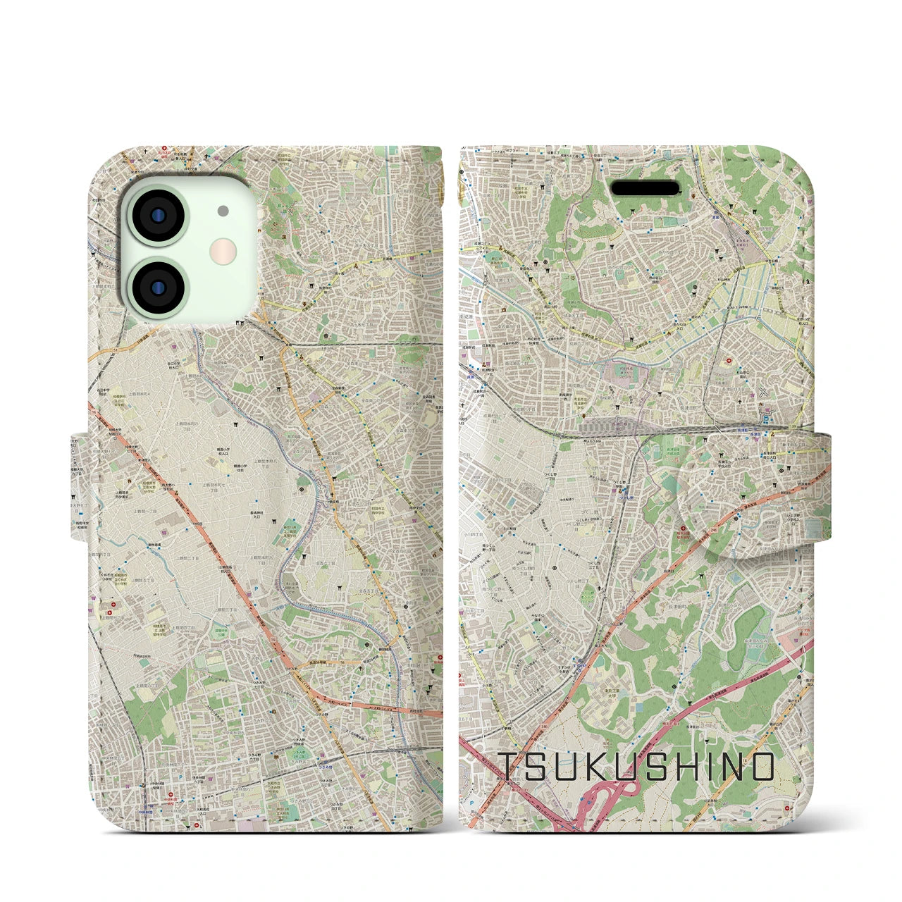 【つくし野(東京都)】地図柄iPhoneケース(手帳タイプ)ナチュラル・iPhone 12 mini 用