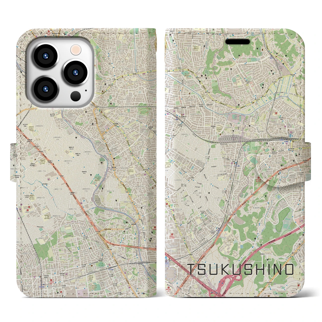 【つくし野(東京都)】地図柄iPhoneケース(手帳タイプ)ナチュラル・iPhone 13 Pro 用